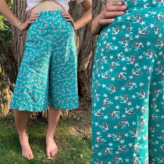 1930s Teal Nautical Anchor Cotton Wide Leg Culotte