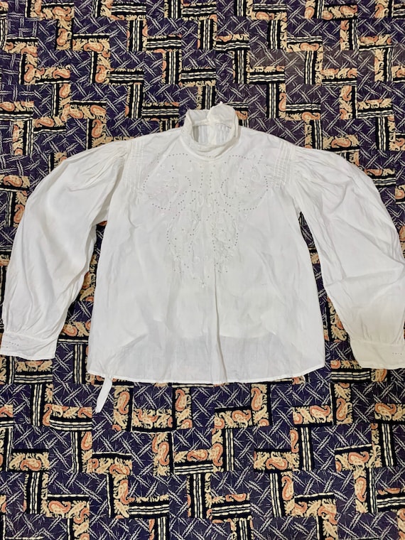 White Edwardian Embroidered Balloon Sleeve Blouse