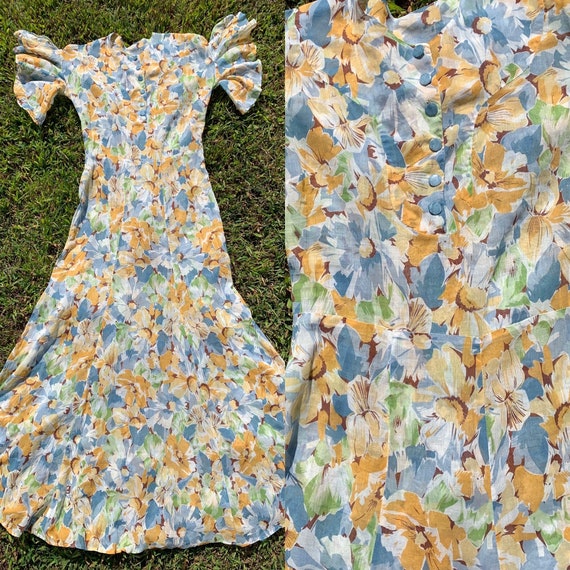 1930s Flutter Sleeve Floral Cotton Voile Gown [xs/