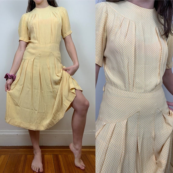 1930s Yellow Cold Rayon Puffed Sleeve Dress [sm/me