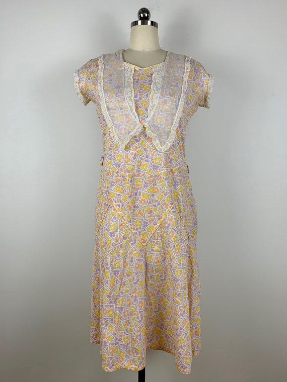 1930s Betty Baxley Deco Print Cotton Frock [sm/med