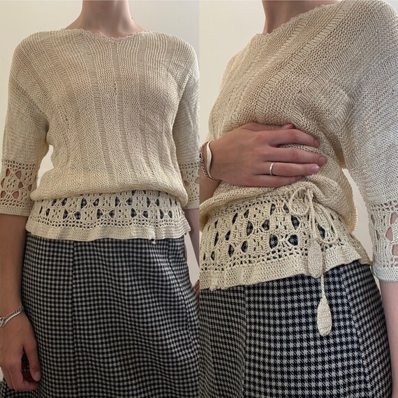 1930s Rayon Knit Sweater with Crochet Details [xs/