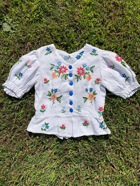 1930s Linen Embroidered Puffed Sleeve Blouse [xs/s