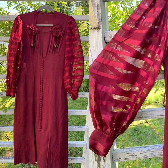 1930s Burgundy Rayon Dress with Balloon Sleeves [m