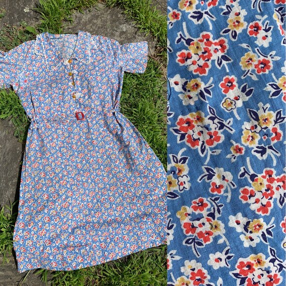 1930s Volup Sky Blue Floral Feedsack Dress with Ba