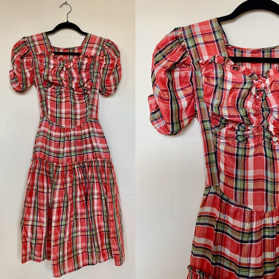 1930s Pink Tartan Plain Rayon Taffeta Puffed Sleev