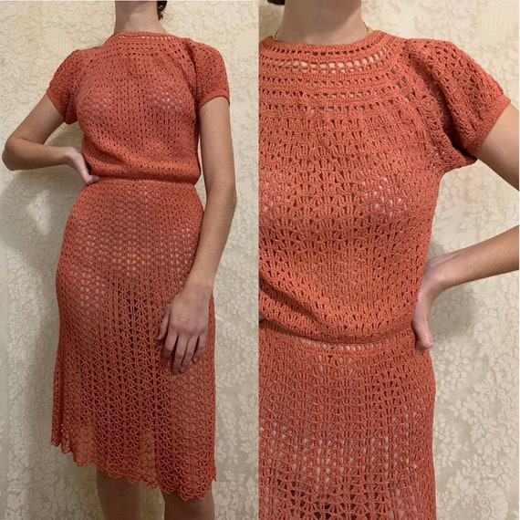 1930s Rayon Coral Crochet Puffed Sleeve Dress [xs/