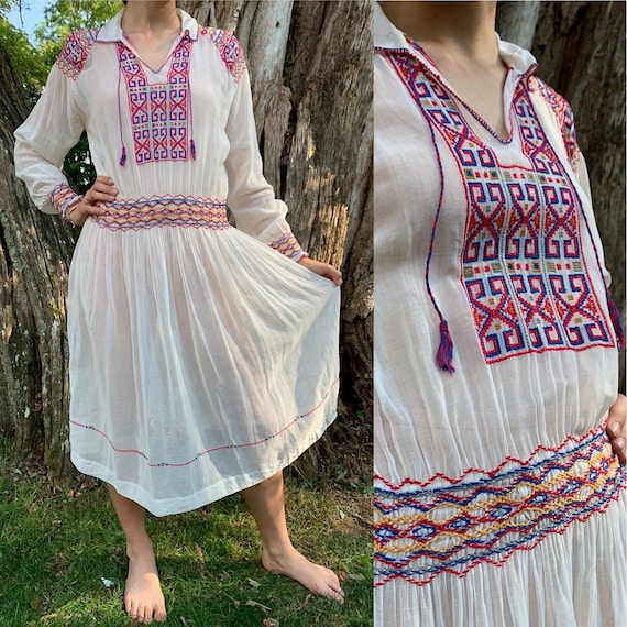 1920s Hungarian Geometric Embroidered Dress [xs/sm