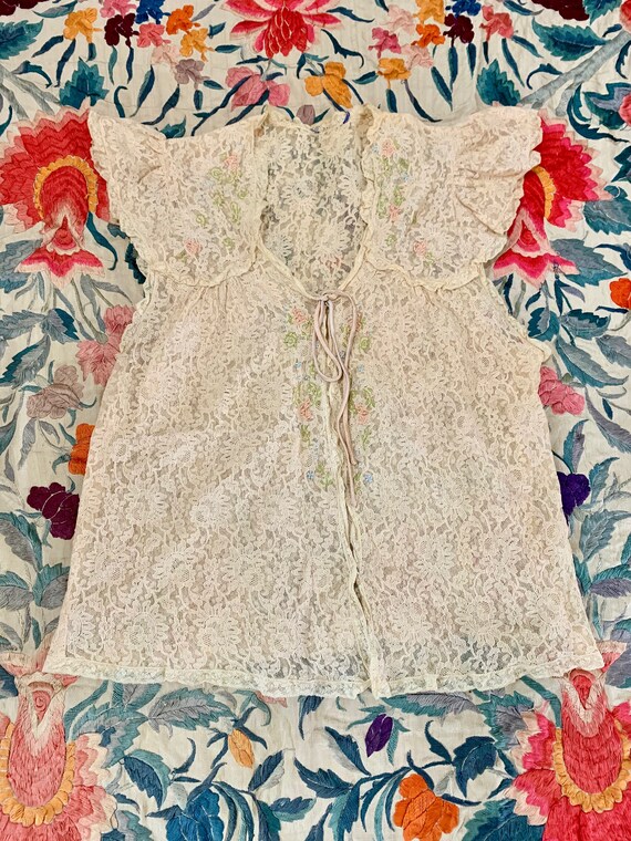 1930s Pastel Floral Embroidered Lace Lingerie Blou