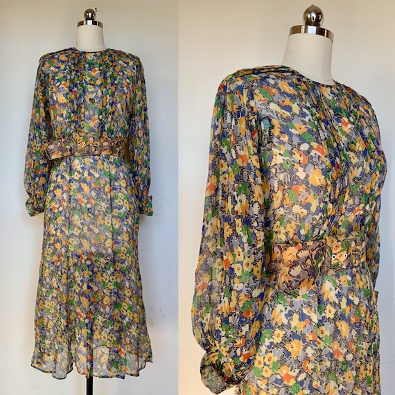 1930s Green Blue Floral Silk Chiffon Dress [sm/med