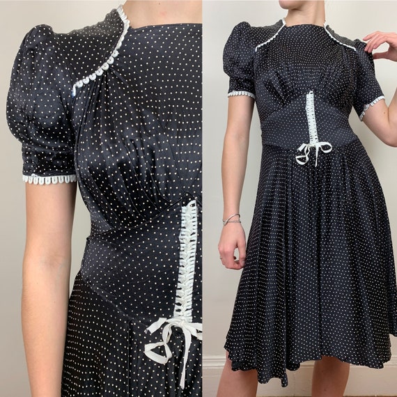 1930s Black Polka Dot Rayon Jersey Dress Puffed Sl