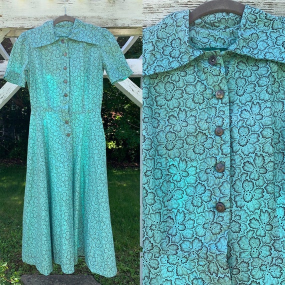 1940s Teal Cotton Floral Puffed Sleeve Dress [xs/s