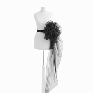 Extra Large black flower belt Satin sash belt with flower and long tail Huge Big flower belt Tulle bustle belt tail Big flower for dress
