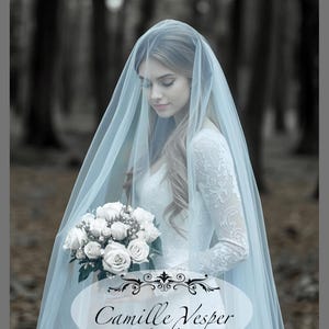 Simple two tier light blue tulle bridal veil with blusher. Long Light Blue tulle wedding veil. Two tier blue veil