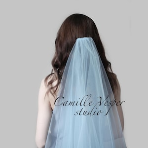 Light blue bridal veil with blusher. Light sky blue two tier wedding veil. Blue illusion veil. Long blue bridal veil