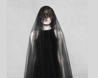 Goth black bridal veil with blusher Dramatic black wedding veil Long black illusion veil Halloween wedding veil Black drop veil