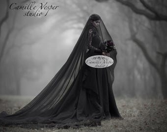 Long black bridal veil with blusher. Gothic wedding veil. Two tier Black veil. Black Cathedral veil