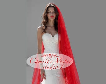 Long red bridal veil - classic red or dark red wedding veil - Red tulle veil