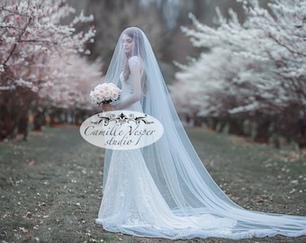 Long Light blue bridal veil with blusher - light baby blue tulle wedding veil -  Two tier blue bridal veil - Blue Cathedral veil