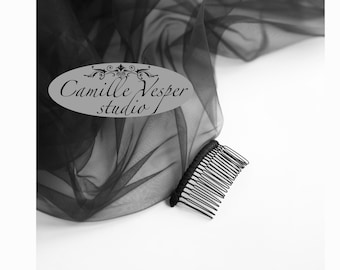 Black bridal veil with blusher - Goth veil - black wedding veil - two tier black veil - black veil 2 layers - Black sheer veil