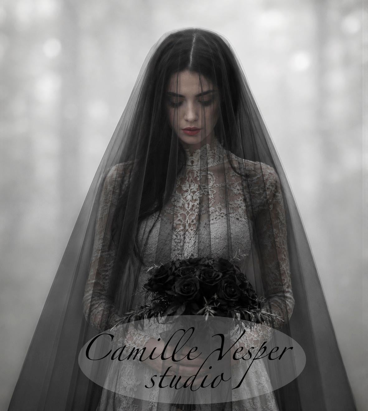 Black Lace Veil, Lace Black Wedding Veil, Double Layer Black Wedding Veil Black Sheer Lace Trim Wedding Veil | Dark Elegance – Wild  main image 4