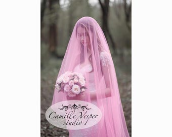 ??2-Tier Pink Bridal Blusher/Veil Two tier veil - Bridal veil with blusher - Illusion tulle  main image 2