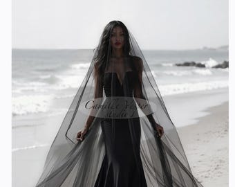 Velo de novia largo negro - Velo negro de dos niveles - Velo de novia negro