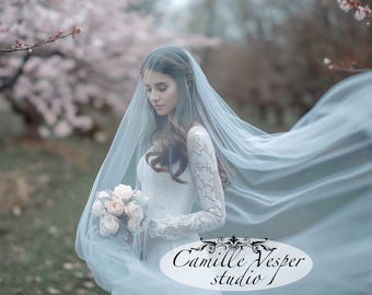 Light blue bridal veil with blusher - two tier blue veil - baby blue veil -  light blue tulle wedding veil