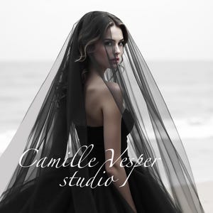 Dramatic Black bridal veil with blusher. Long black wedding veil. Gothic veil. Black two tier veil. Black veil two layers.