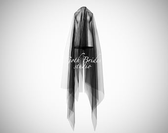 Gothic black wedding veil. Long black bridal veil with blusher. Black two tier tulle veil. Black veil 2 layers. Plain black veil