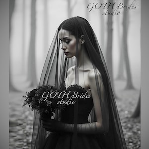Gothic black wedding veil - two tie black bridal veil