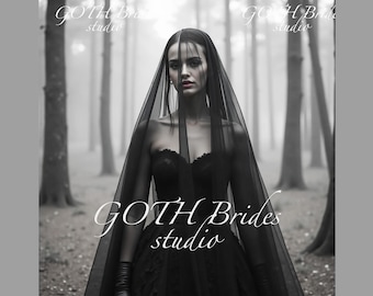 Black bridal veil with blusher - black double layered veil - gothic veil - long black veil