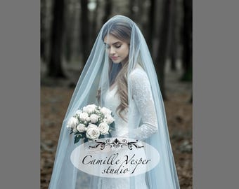 Two tier blue bridal veil with blusher. Long Light Blue tulle wedding veil. Two tier blue veil. Light baby blue veil