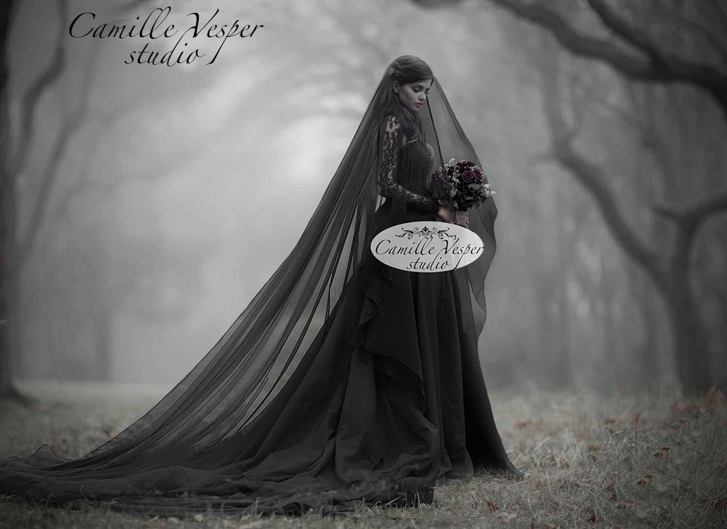 Gothic Black Wedding Veil. Two-tier Black Veil. Long Black  display picture 2