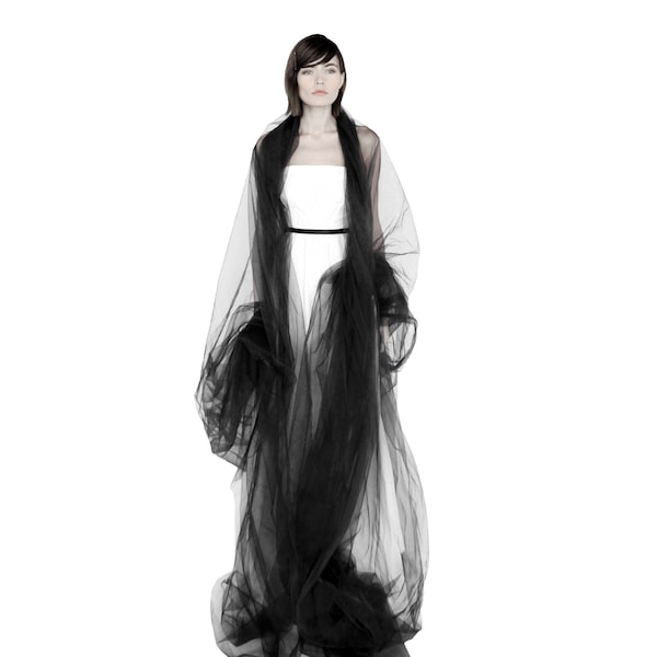 Long châle en voile de tulle noir Étole en tulle noir Châle de mariage en tulle transparent noir Châle de mariée noir Châle transparent noir