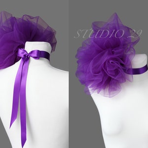 Purple tulle flower choker necklace with satin ribbon bow tie Oversized fabric flower choker Tulle necklace Photoshoot choker flower neck tie