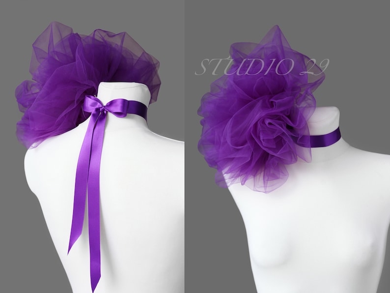 Purple tulle flower choker necklace with satin ribbon bow tie Oversized fabric flower choker Tulle necklace Photoshoot choker flower neck tie