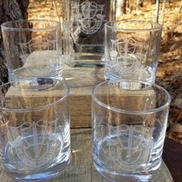 Crystal Decanter & four Rock glasses -- FREE Personalized Laser Engraved FREE Shipping!  Any Rank - Logo - design - name monogram