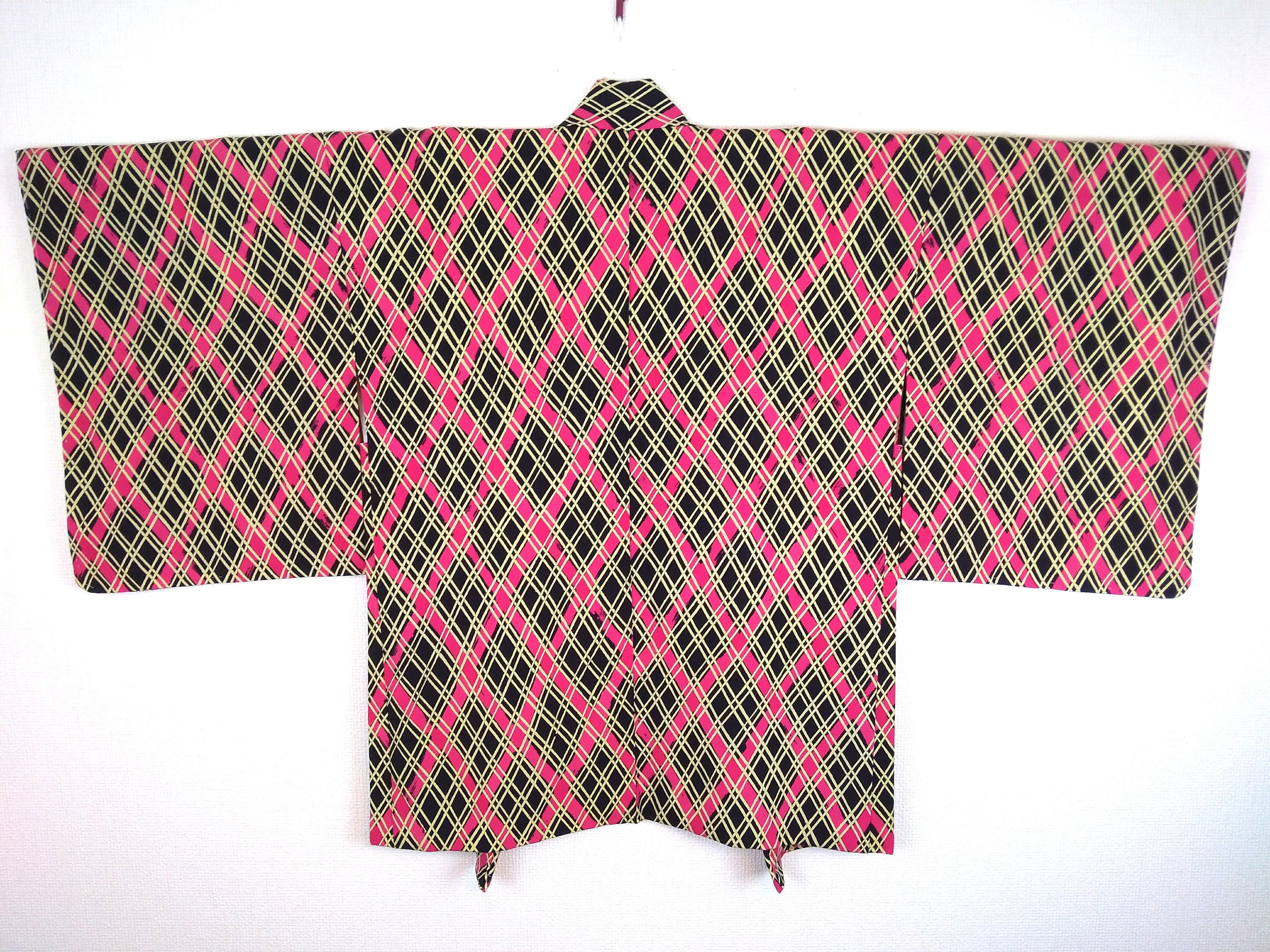 Japanese Kimono Haori Plaid Pattern Pink Black Etsy