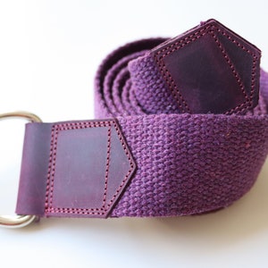 purple d ring web belt with leather detail
