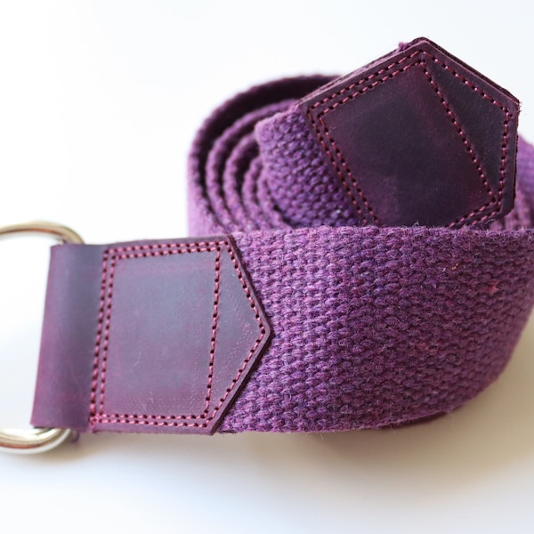 purple d ring web belt with leather detail