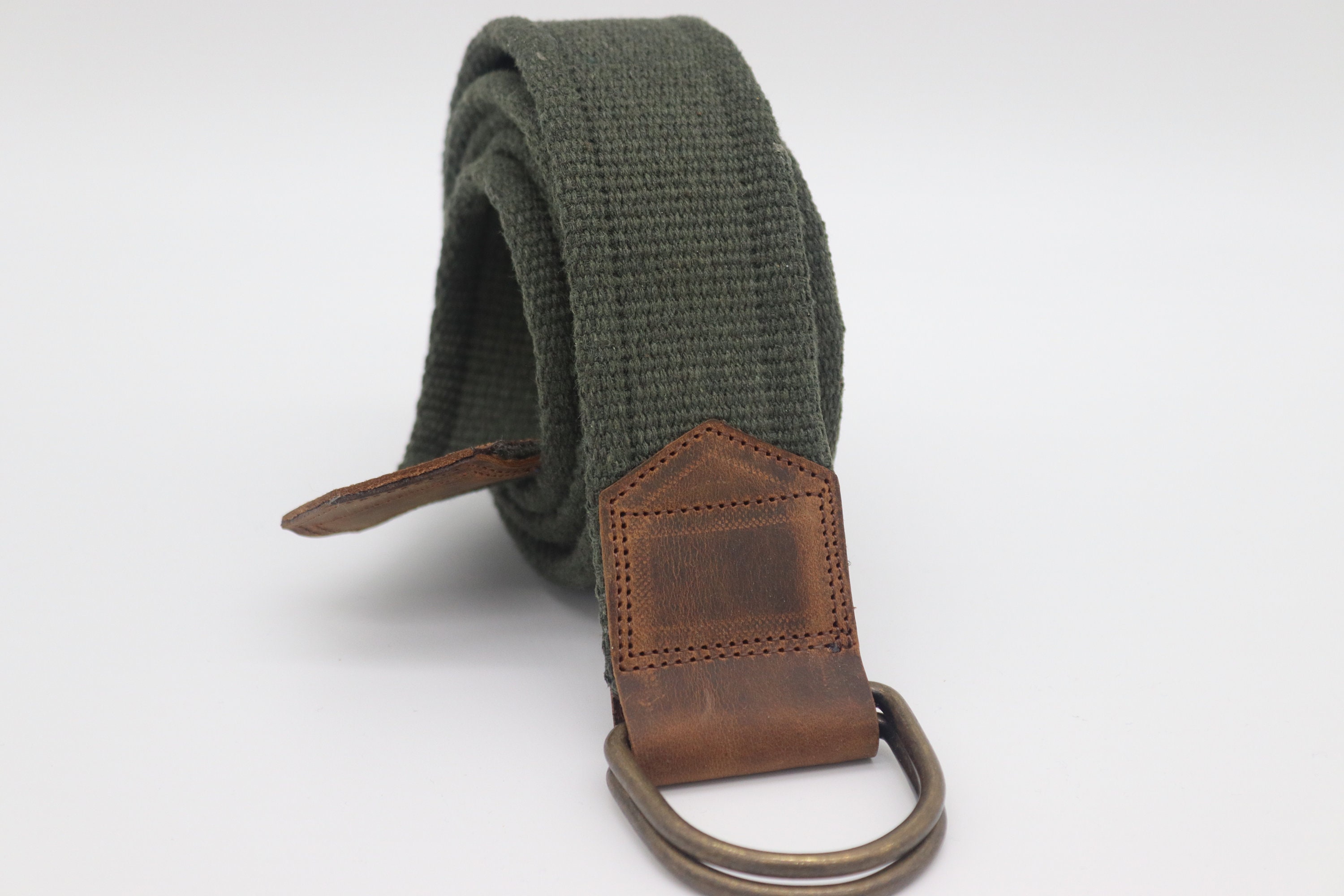 Green Web Belt Solid Brass D Ring With Leather Detail,green Canvas D ...
