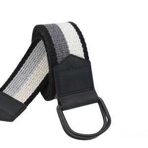 grey black and white canvas belt with leather detail,black d ring striped web belt,1.5&#39;&#39; unisex cotton belt