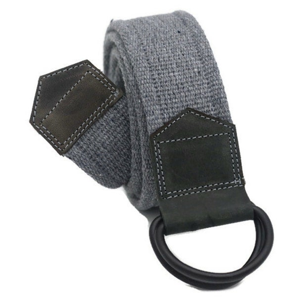 dark grey web belt with leather detail,black d ring dark grey canvas belt