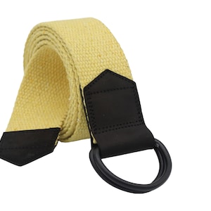 gelber D-Ring-Baumwollgürtel mit schwarzem Lederdetail, gelber Doppelring-Gürtel aus Segeltuch, unisex gelber Gurtband