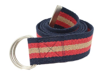 Cinturón con anilla en D con correas a rayas, cinturón de algodón unisex (ancho 1,57 inc, 4 cm)