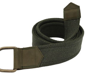 unisex green webbing d ring belt with leather detail