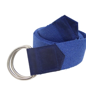 unisex d ring blue web belt,canvas blue belt for man and women,cotton  blue belt with leather detail