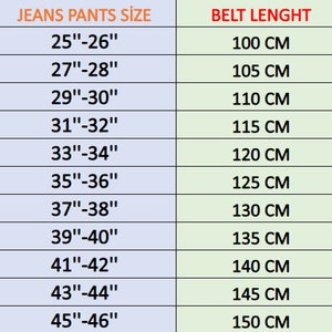 Pode incluir: Um gr&aacute;fico que mostra a rela&ccedil;&atilde;o entre o tamanho da cal&ccedil;a jeans em polegadas e o comprimento do cinto em cent&iacute;metros. O gr&aacute;fico mostra tamanhos de 25 a 46 polegadas e comprimentos de cinto de 100 a 150 cent&iacute;metros.