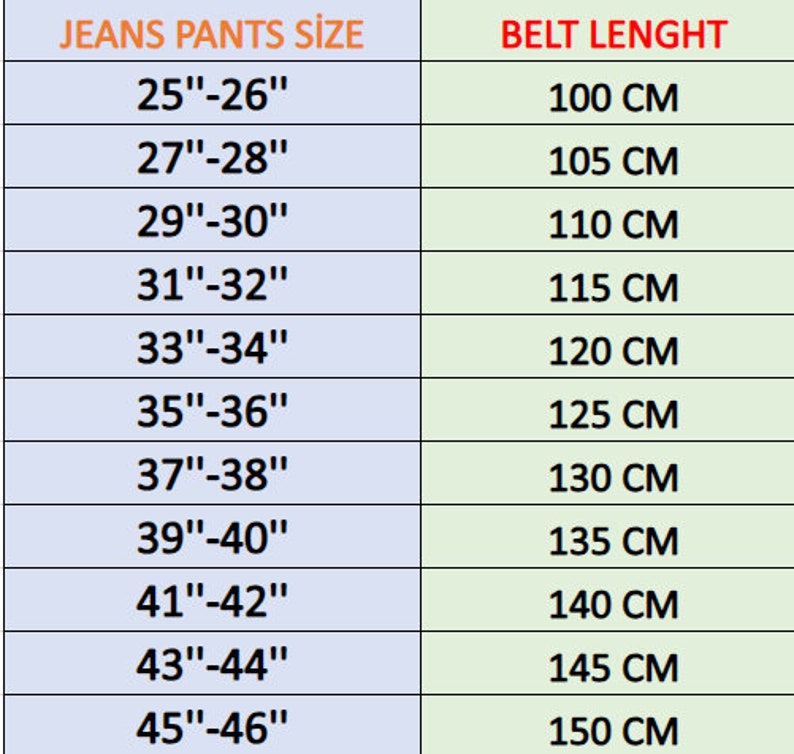 Pode incluir: Um gr&aacute;fico que mostra a rela&ccedil;&atilde;o entre o tamanho da cal&ccedil;a jeans em polegadas e o comprimento do cinto em cent&iacute;metros. O gr&aacute;fico mostra tamanhos de 25 a 46 polegadas e comprimentos de cinto de 100 a 150 cent&iacute;metros.